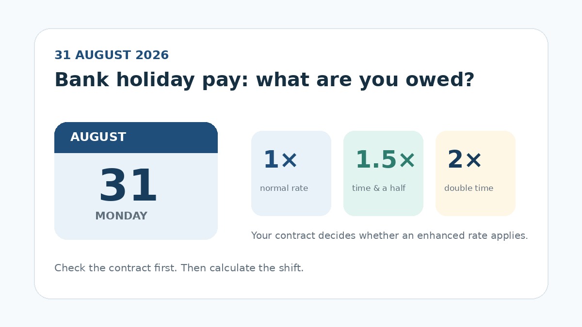 August 31 2026 bank holiday pay illustration with normal, time-and-a-half and double-time rates